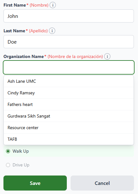Other pantry organization name dropdown