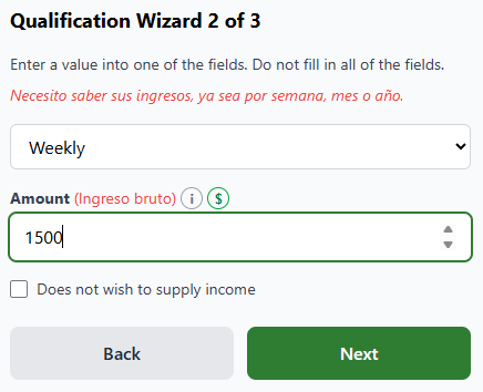 Qualification step — Income Verification